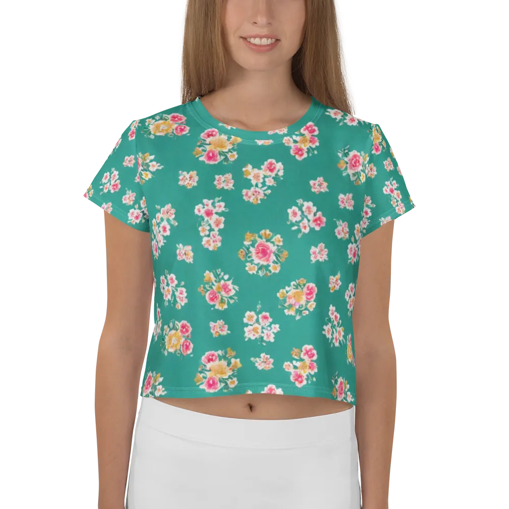 Turquoise Bouquet on Crop Tee — Front