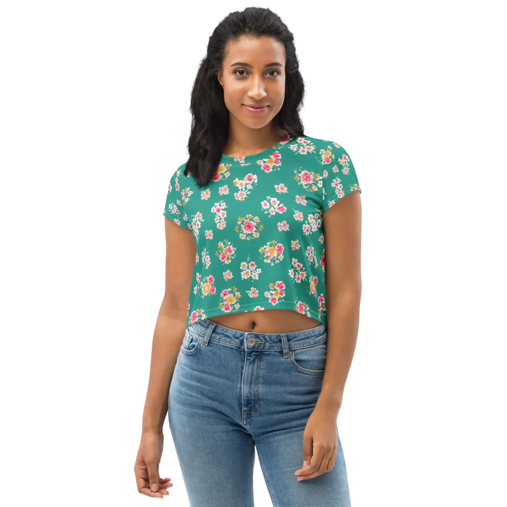 Turquoise Bouquet on Crop Tee — Front
