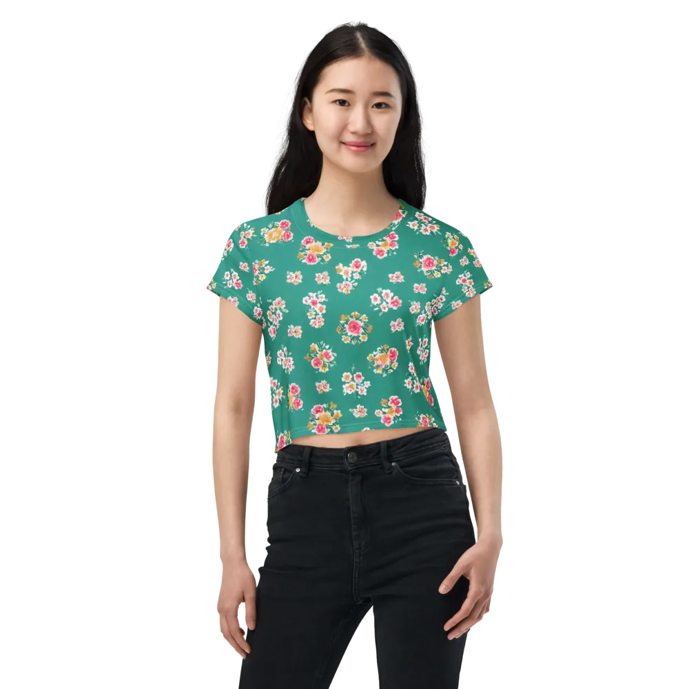 Turquoise Bouquet on Crop Tee — Front