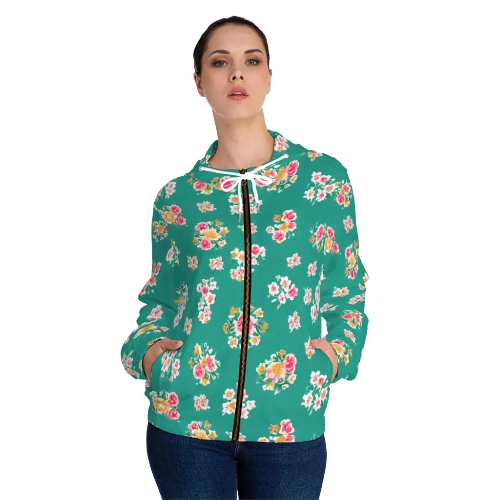 Turquoise Bouquet on Women's Full-Zip Hoodie — Front On Person
