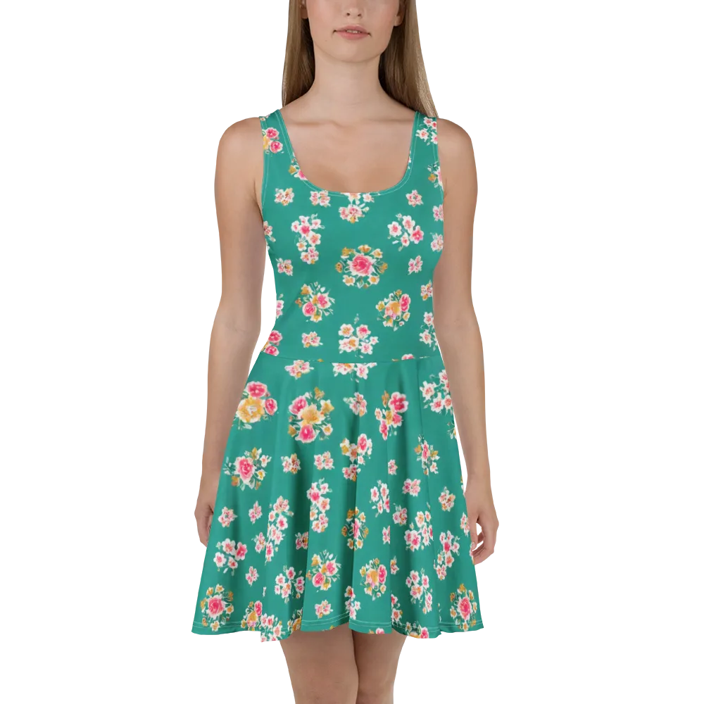 Turquoise Bouquet on Skater Dress — Front