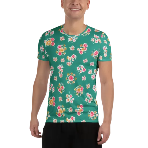 Turquoise Bouquet on a Men's Athletic T-Shirt