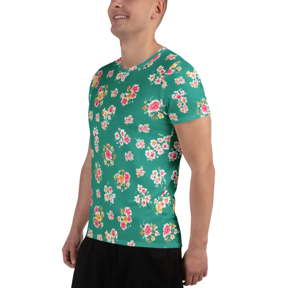 Turquoise Bouquet on Men's Athletic T-Shirt — Left