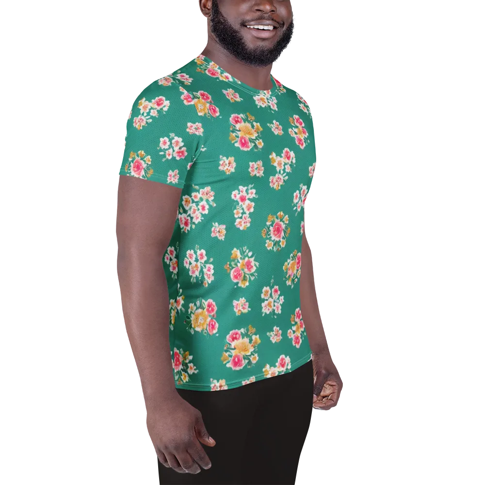 Turquoise Bouquet on Men's Athletic T-Shirt — Right