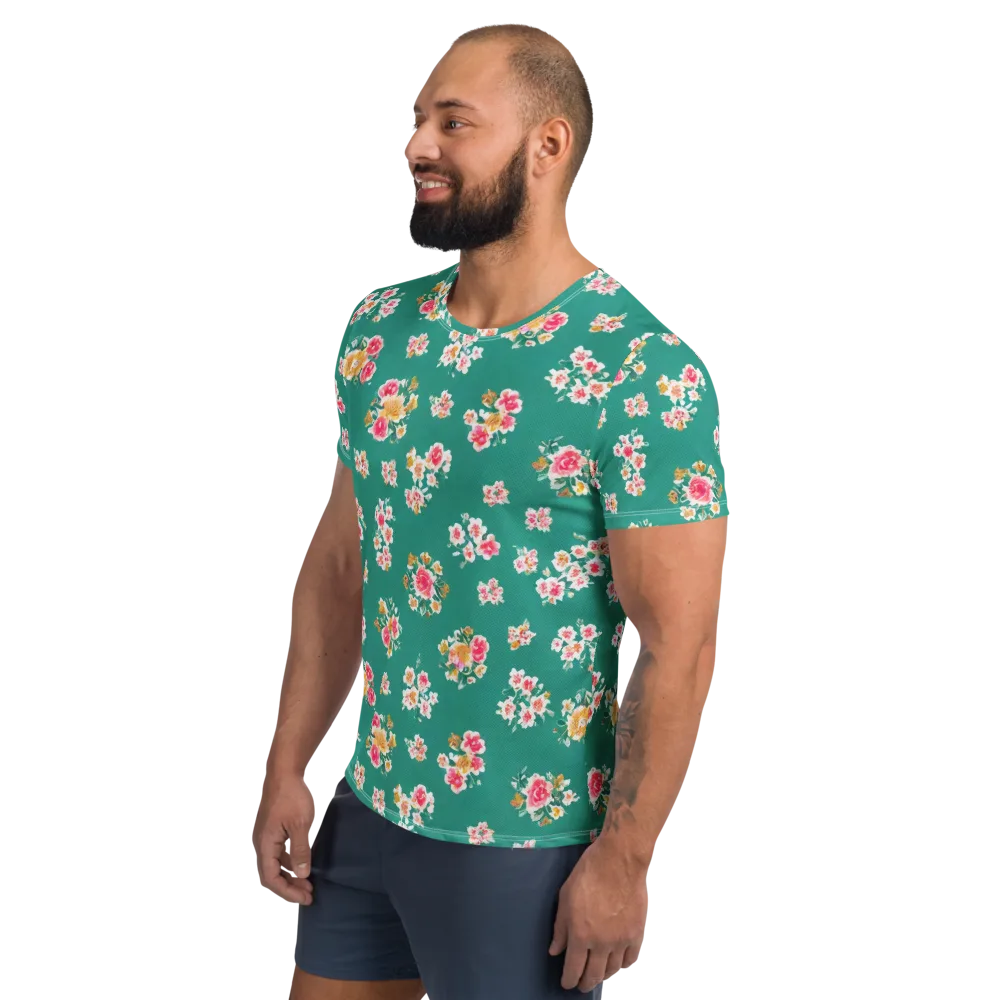 Turquoise Bouquet on Men's Athletic T-Shirt — Left