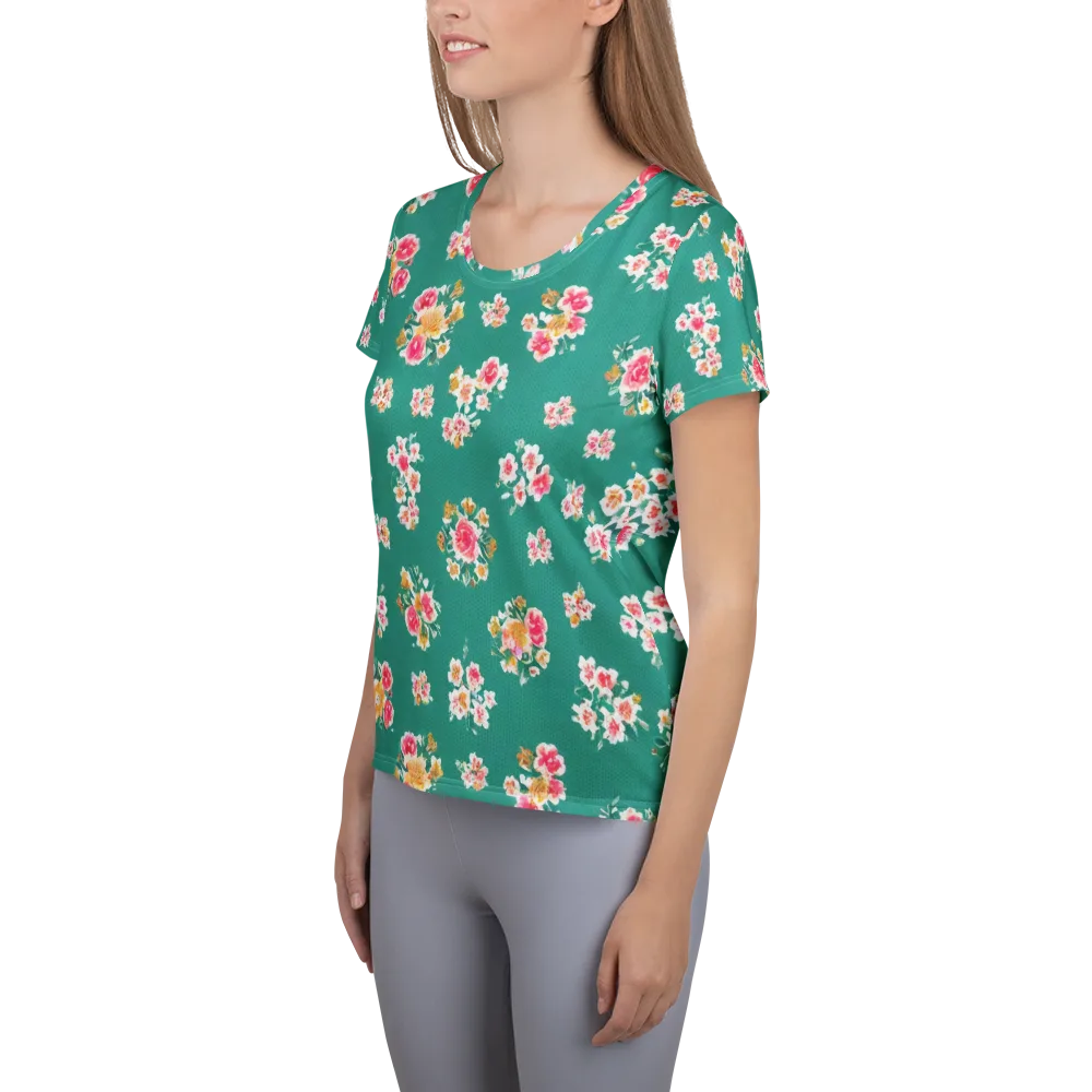 Turquoise Bouquet on Women's Athletic T-Shirt — Left