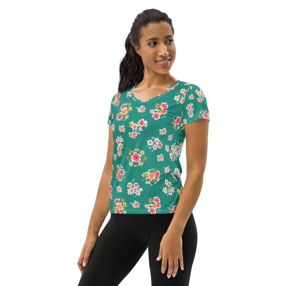 Turquoise Bouquet on Women's Athletic T-Shirt — Left