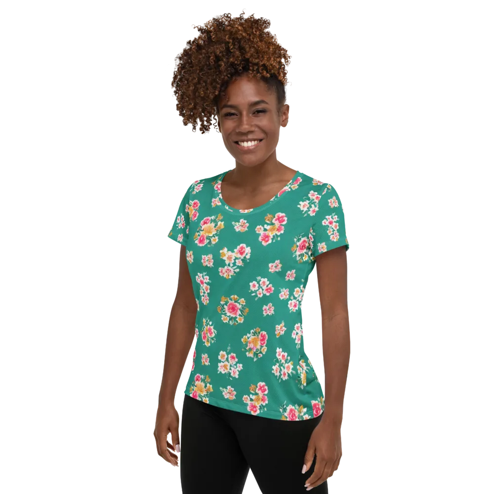 Turquoise Bouquet on Women's Athletic T-Shirt — Left