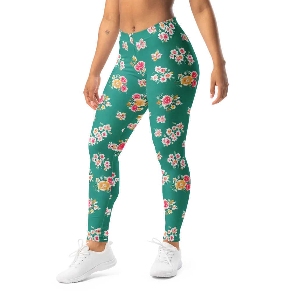 Turquoise Bouquet on Leggings — Left Front