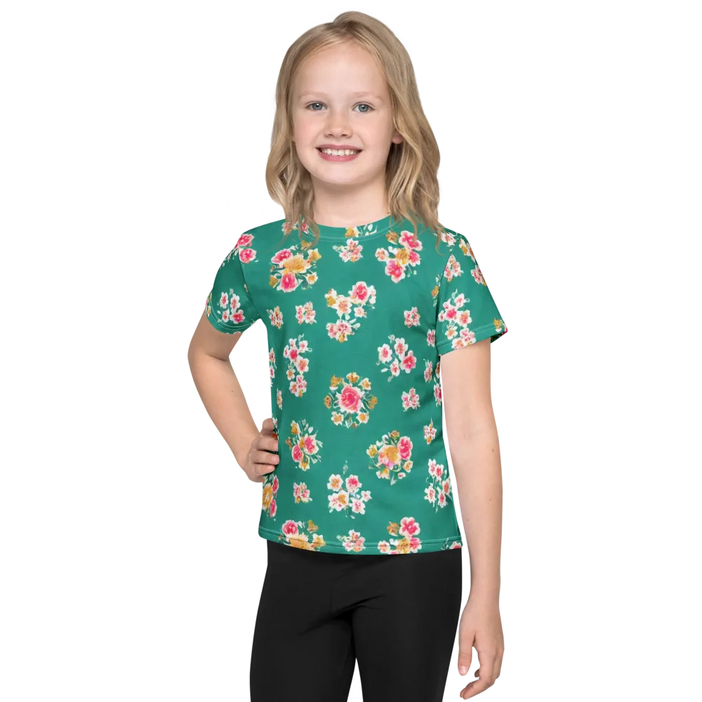 Turquoise Bouquet on Kids Crew Neck T-Shirt — Front