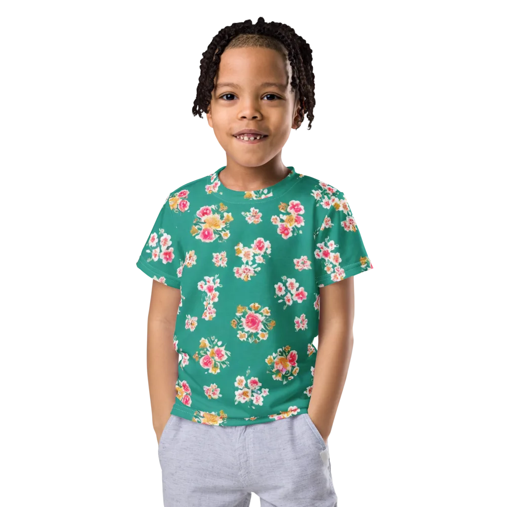 Turquoise Bouquet on Kids Crew Neck T-Shirt — Front