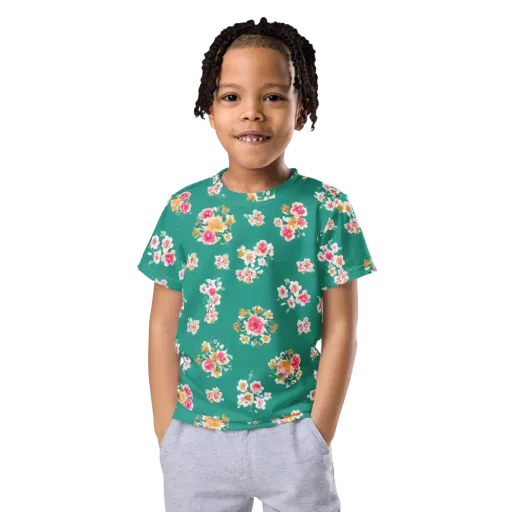 Turquoise Bouquet on a Kids Crew Neck T-Shirt