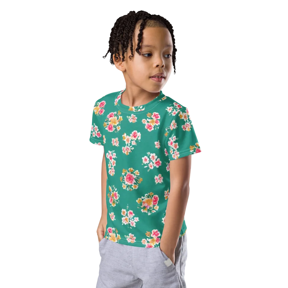 Turquoise Bouquet on Kids Crew Neck T-Shirt — Left Front