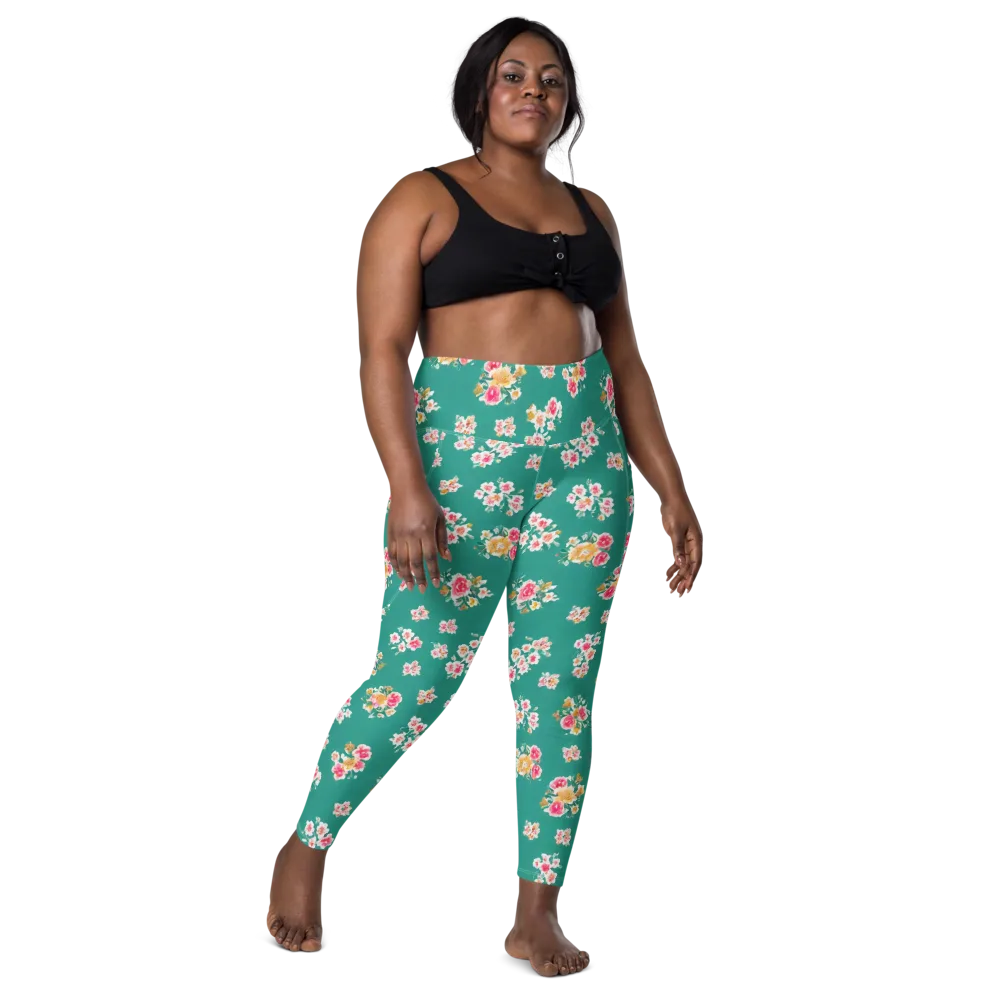 Turquoise Bouquet on Leggings with Pockets — Front