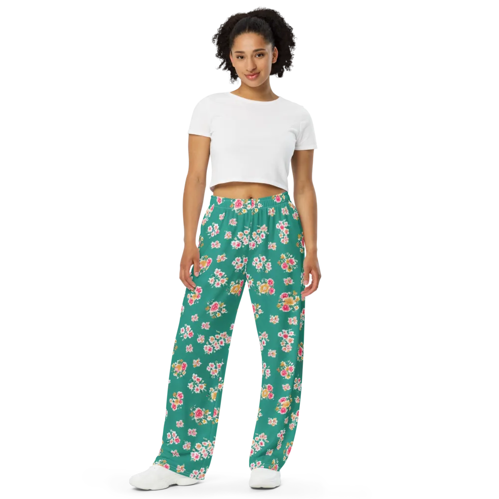 Turquoise Bouquet on Wide-Leg Pants — Front