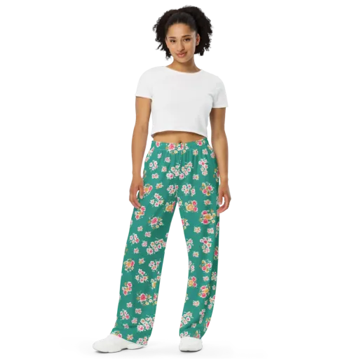Turquoise Bouquet on a Wide-Leg Pants