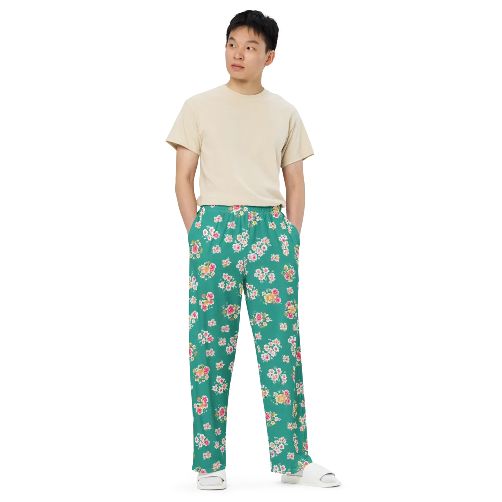 Turquoise Bouquet on Wide-Leg Pants — Front
