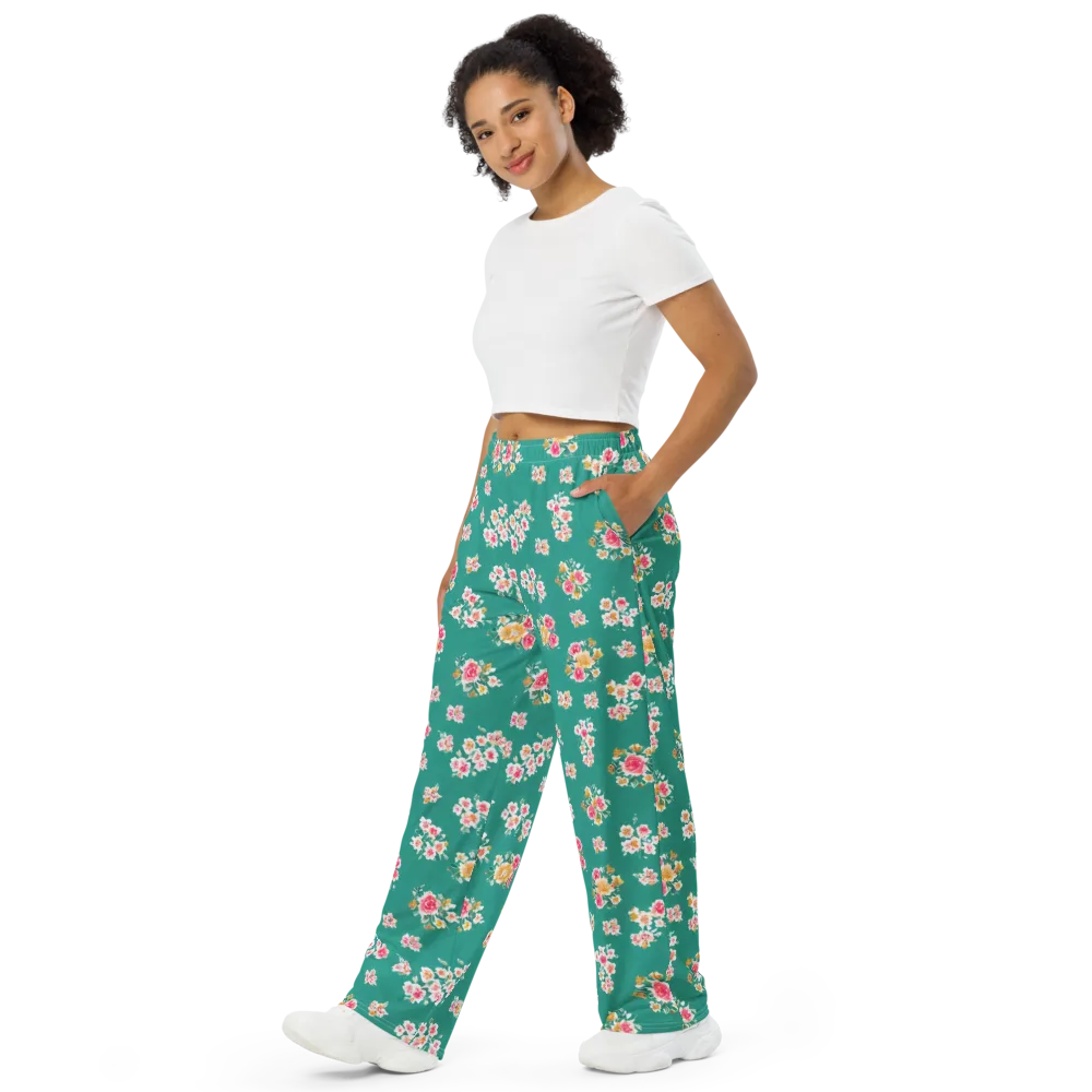 Turquoise Bouquet on Wide-Leg Pants — Left Front