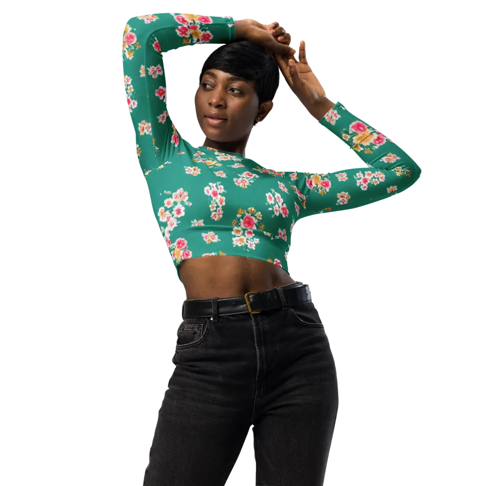 Turquoise Bouquet on Long Sleeve Crop Top — Front
