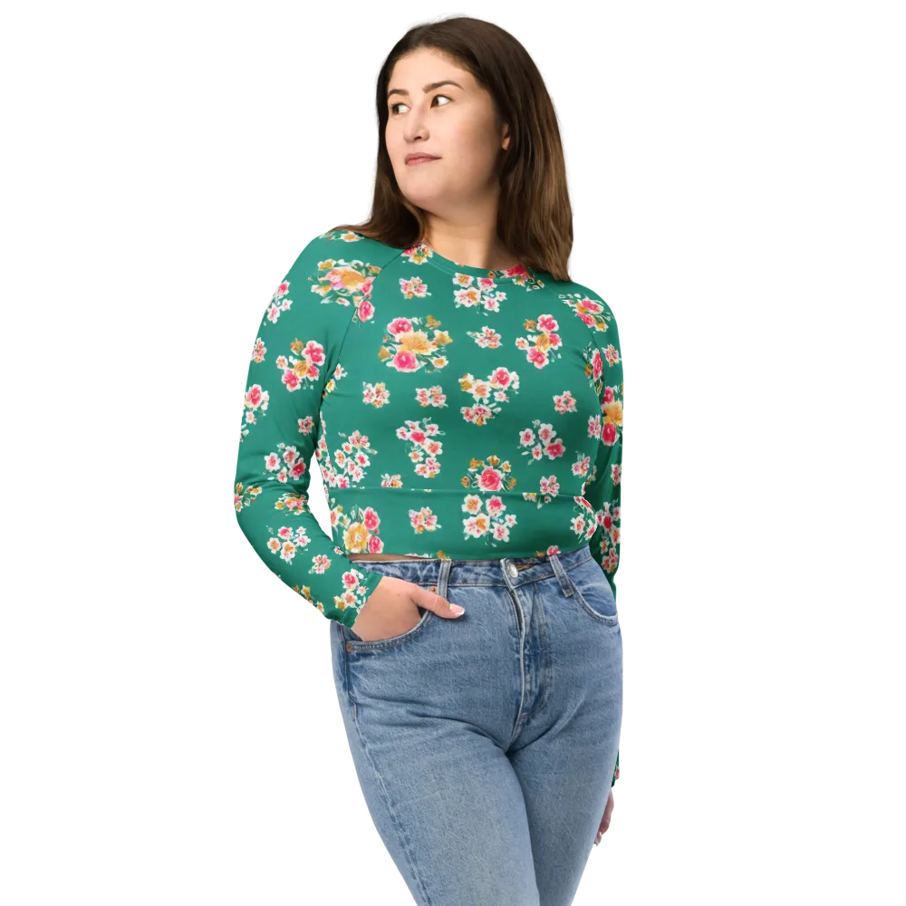 Turquoise Bouquet on Long Sleeve Crop Top — Front