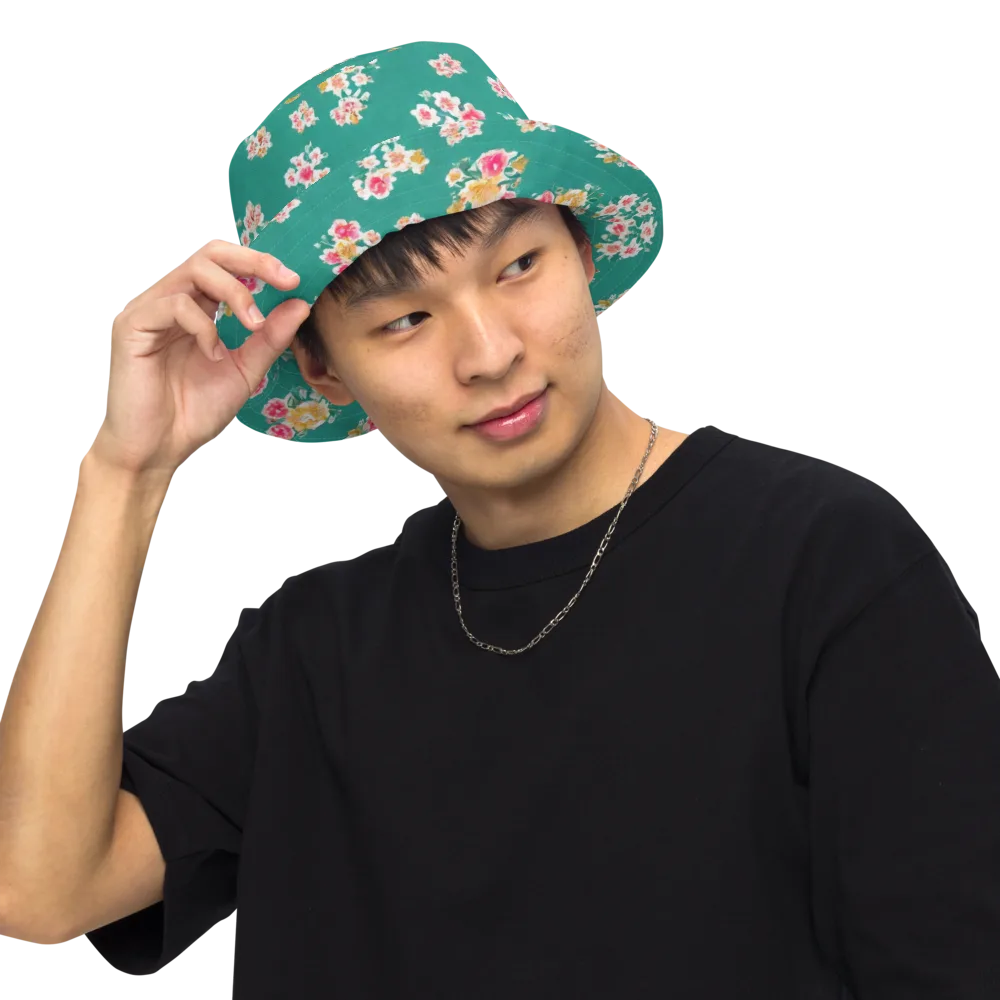 Turquoise Bouquet on Reversible Bucket Hat — Front Inside