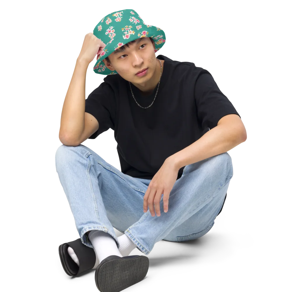 Turquoise Bouquet on Reversible Bucket Hat — Front 2 Inside