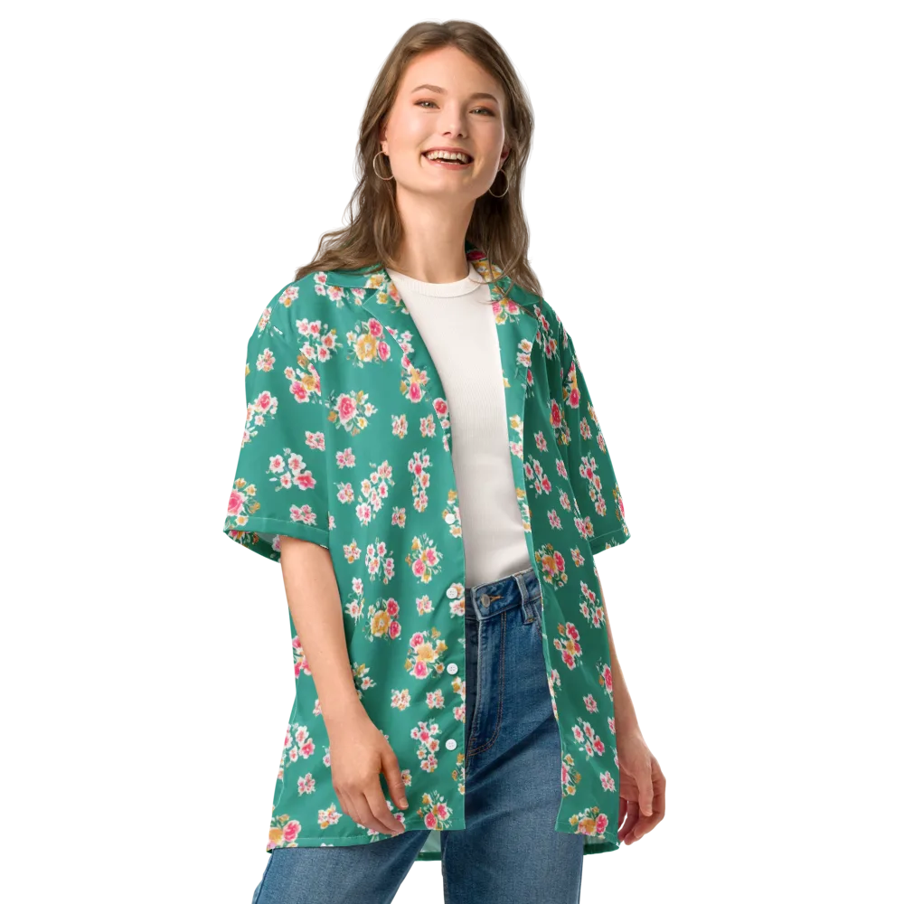 Turquoise Bouquet on Button Shirt — Front