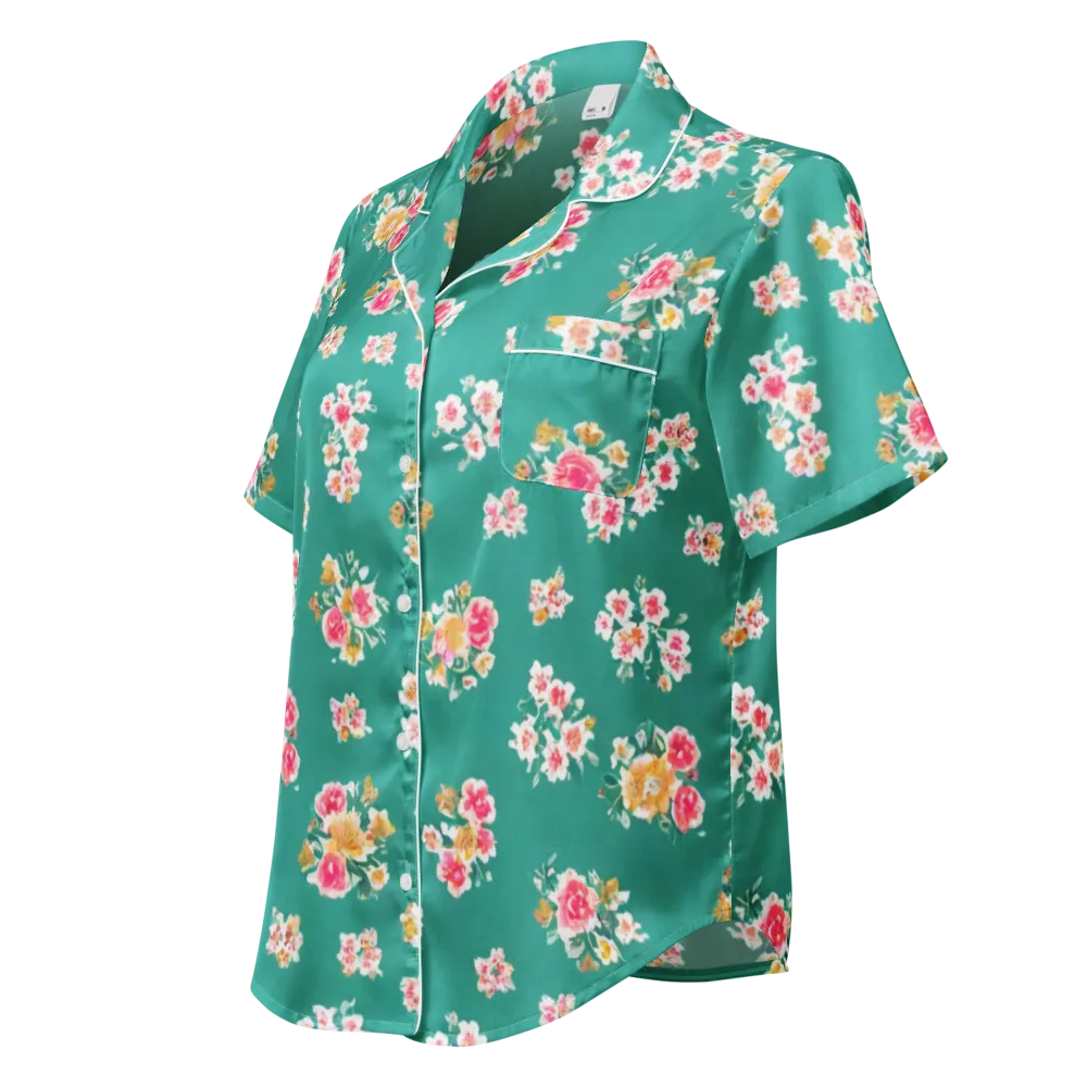 Turquoise Bouquet on Women's Short Sleeve Pajama Top — Left Front