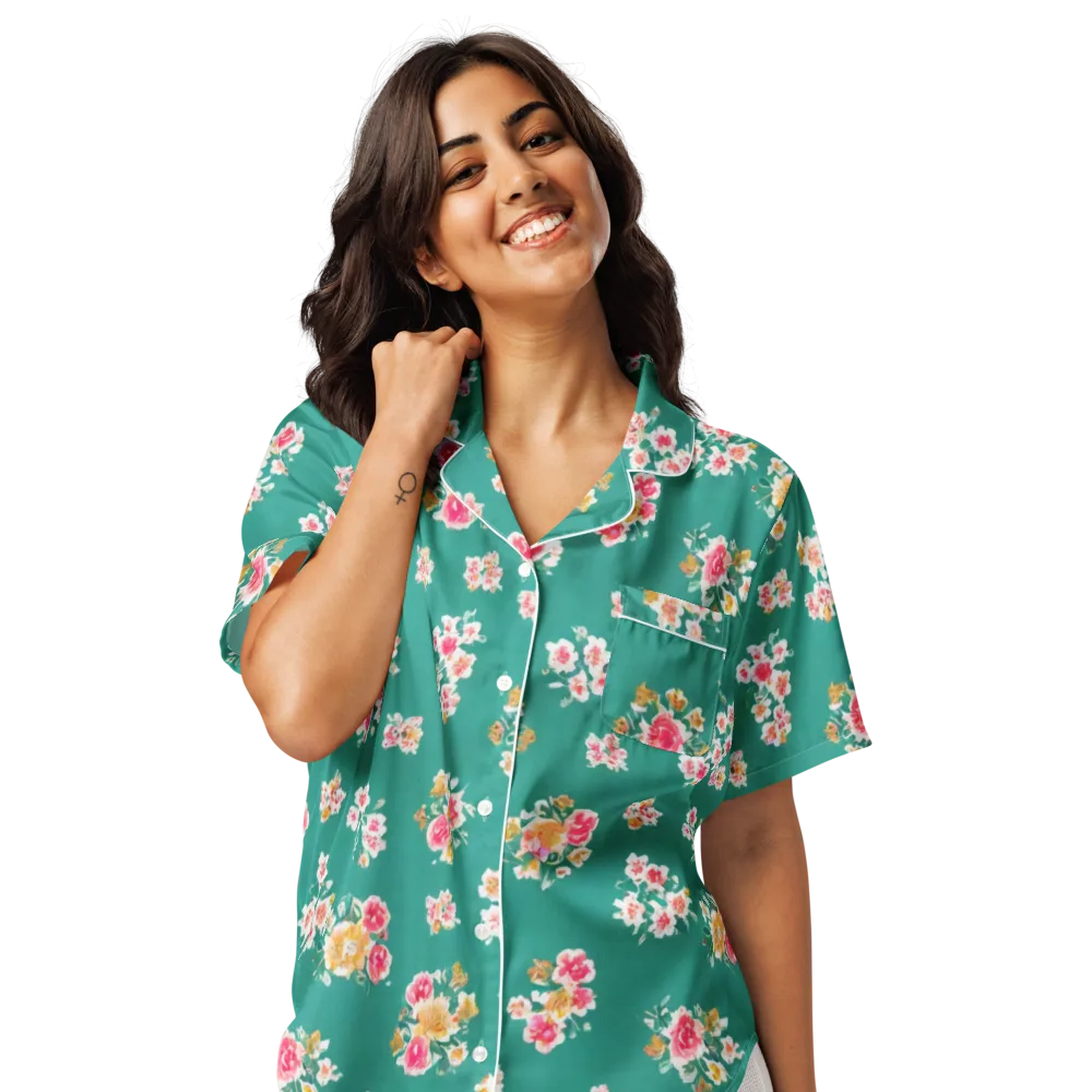 Turquoise Bouquet on Women's Short Sleeve Pajama Top — Front