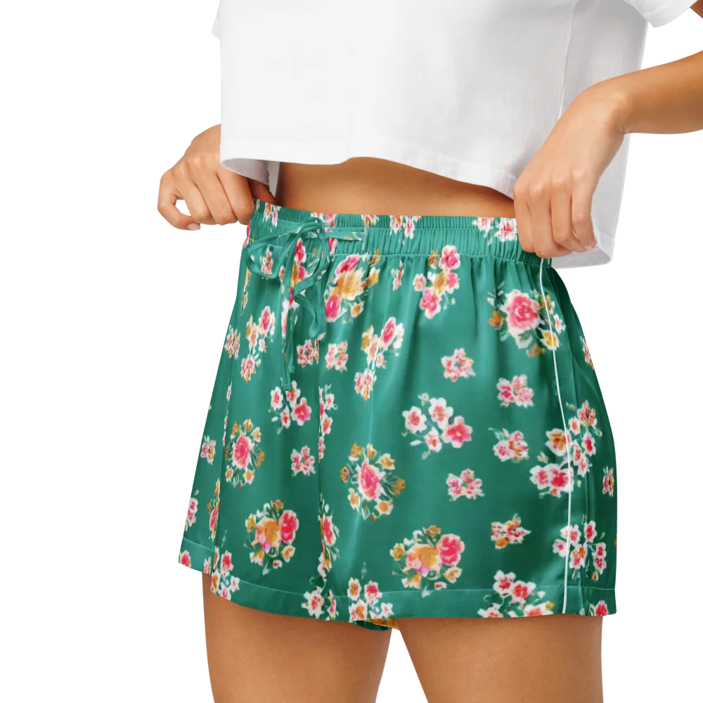 Turquoise Bouquet on Women's Pajama Shorts — Left