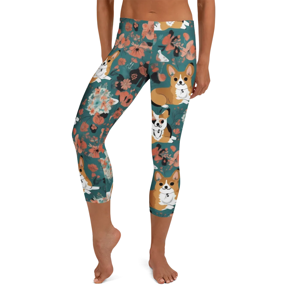 Floral Corgi Club on Capri Leggings — Front