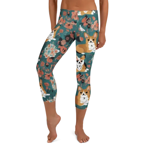 Floral Corgi Club on a Capri Leggings
