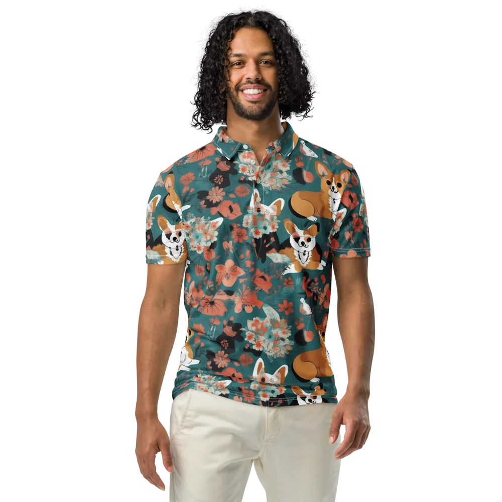 Floral Corgi Club on Men's Slim Fit Polo Shirt — Front