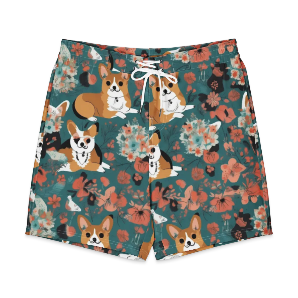 Floral Corgi Club on Men's Board Shorts — Front