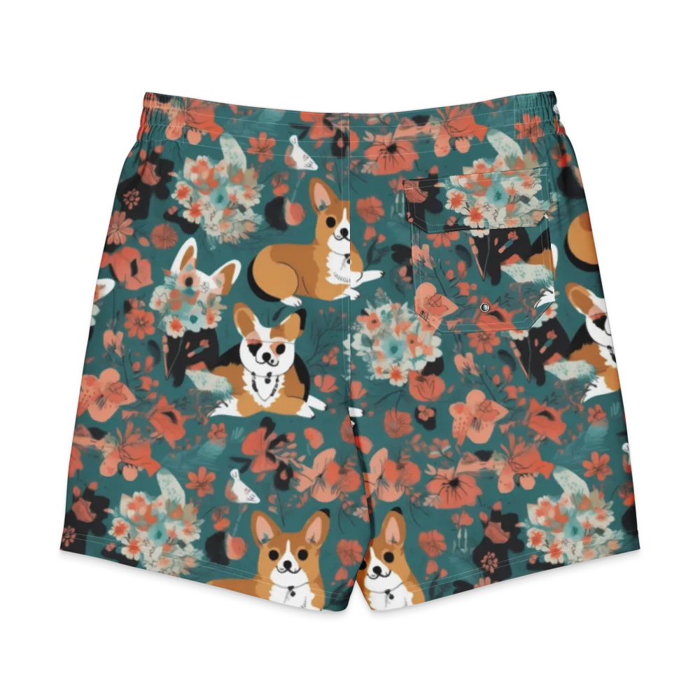 Floral Corgi Club on Men's Board Shorts — Back