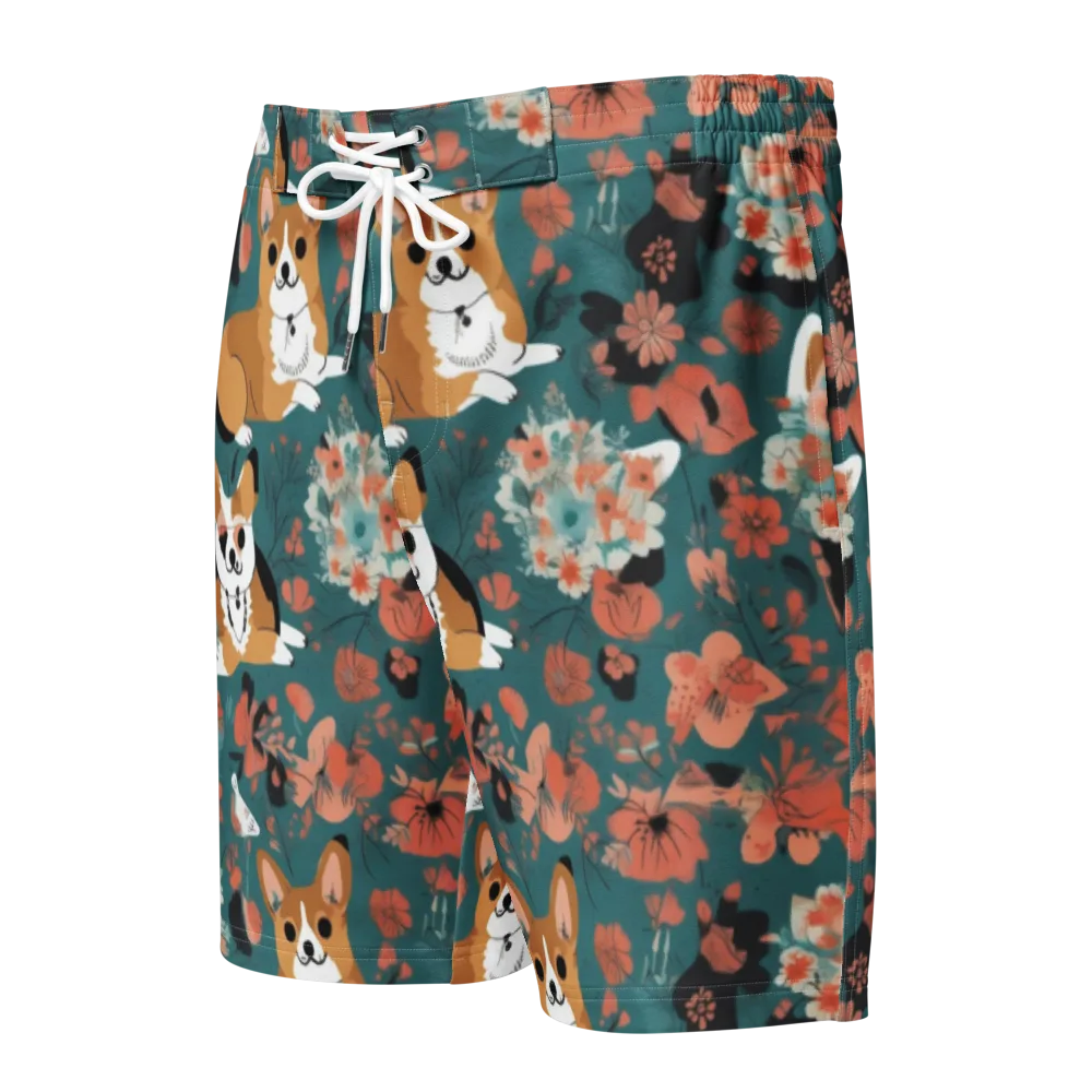 Floral Corgi Club on Men's Board Shorts — Front