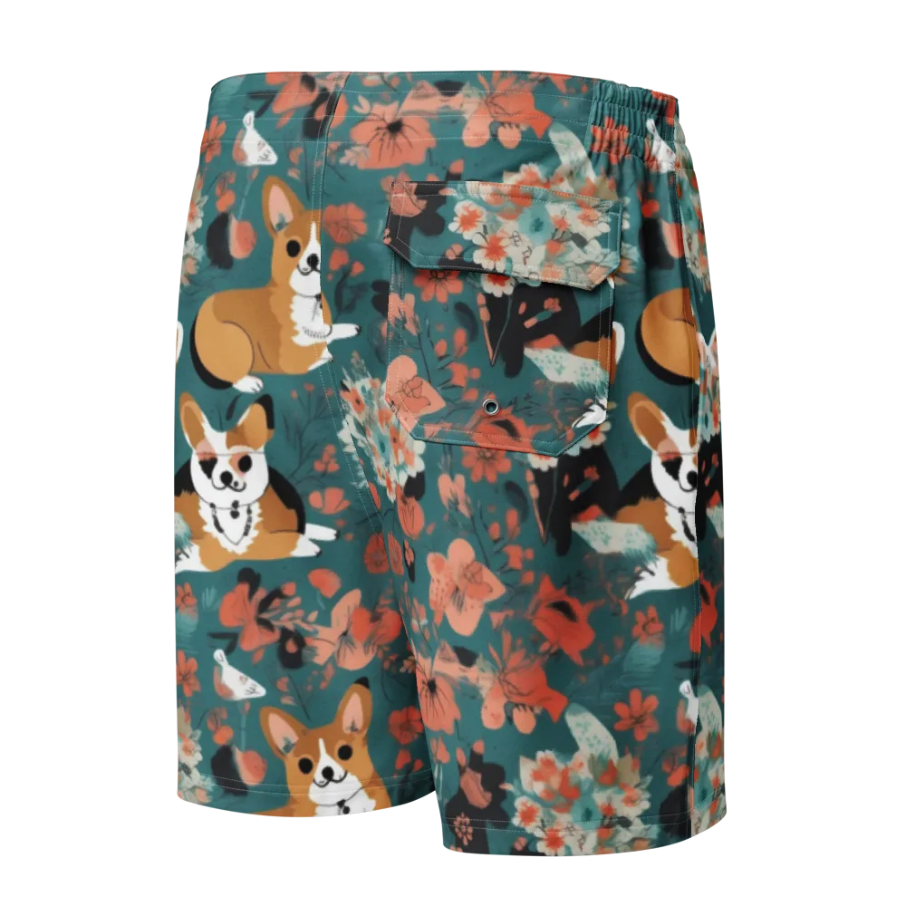 Floral Corgi Club on Men's Board Shorts — Back