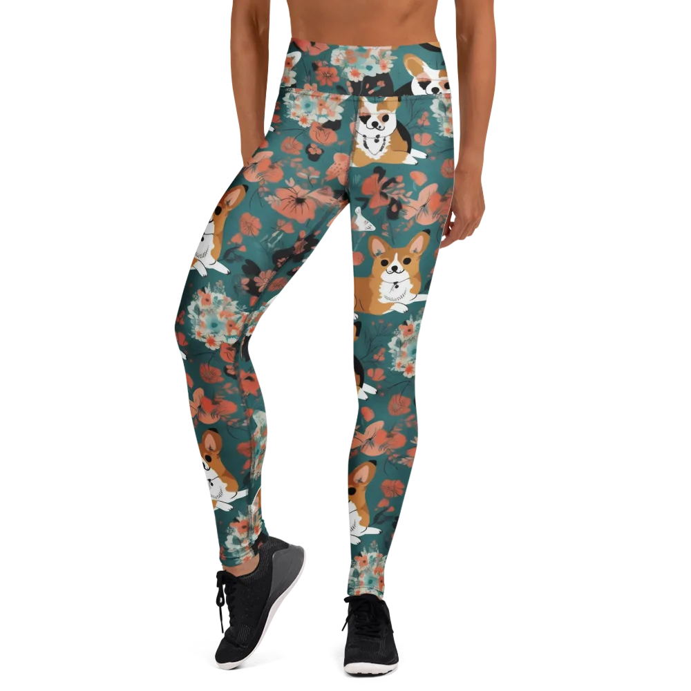 Floral Corgi Club on Yoga Leggings — Front