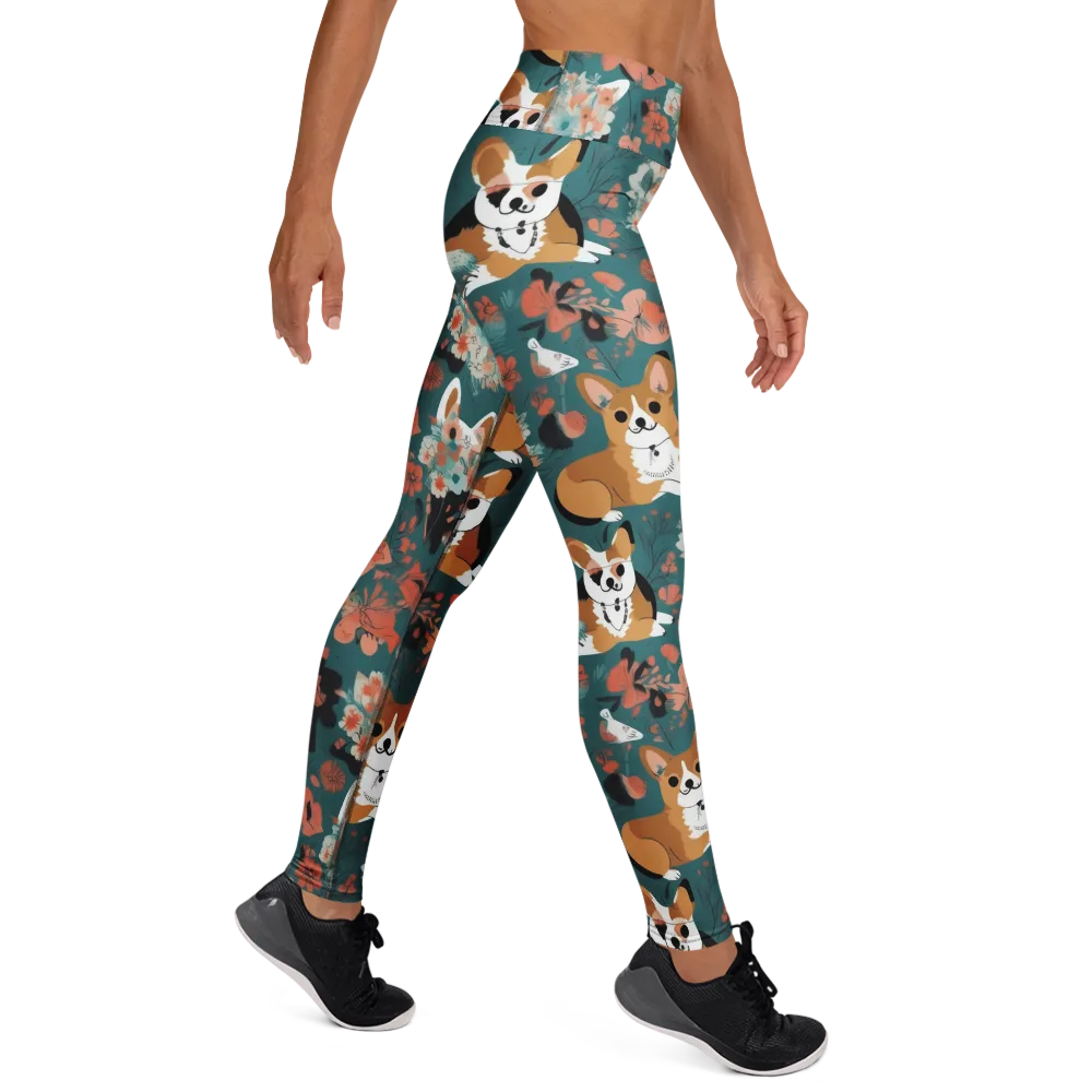 Floral Corgi Club on Yoga Leggings — Right