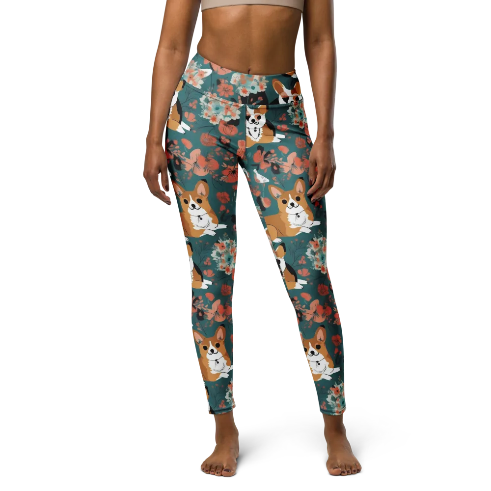 Floral Corgi Club on Yoga Leggings — Front