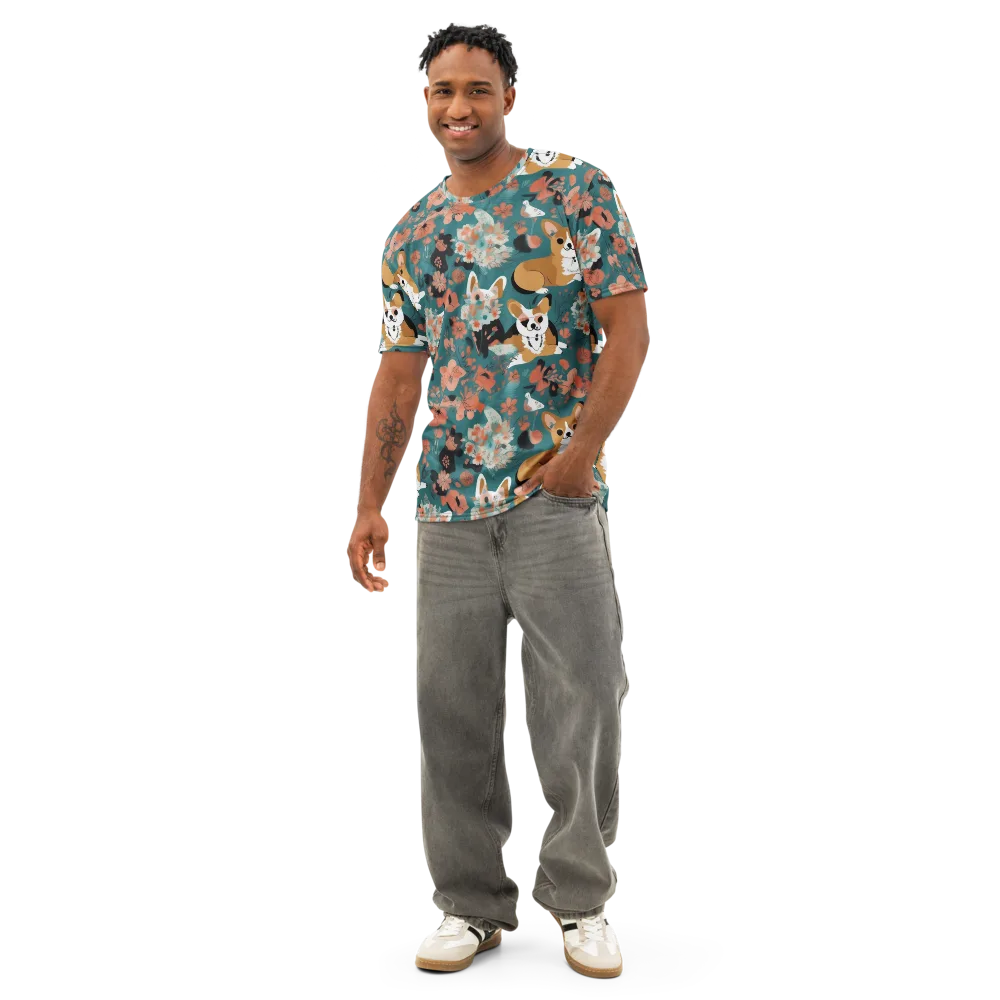 Floral Corgi Club on Men's Cotton Crew Neck T-Shirt — Front