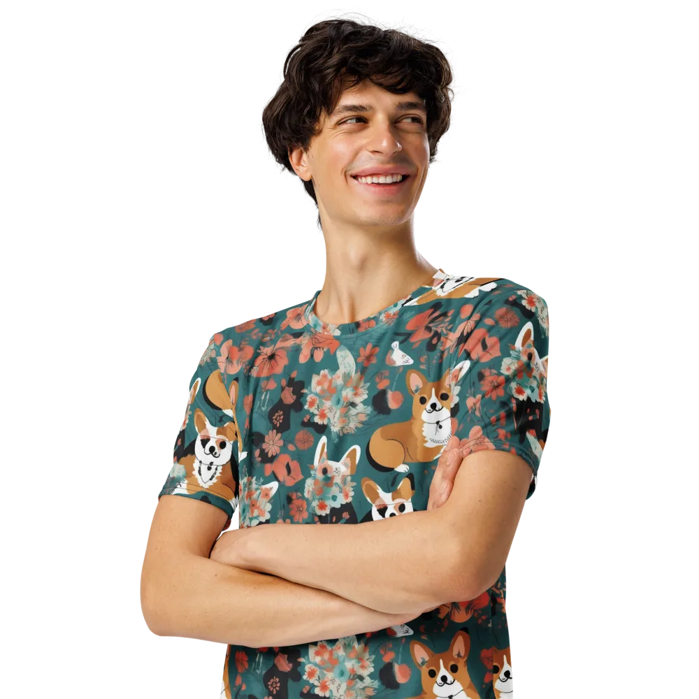 Floral Corgi Club on Men's Crew Neck T-Shirt — Left Front