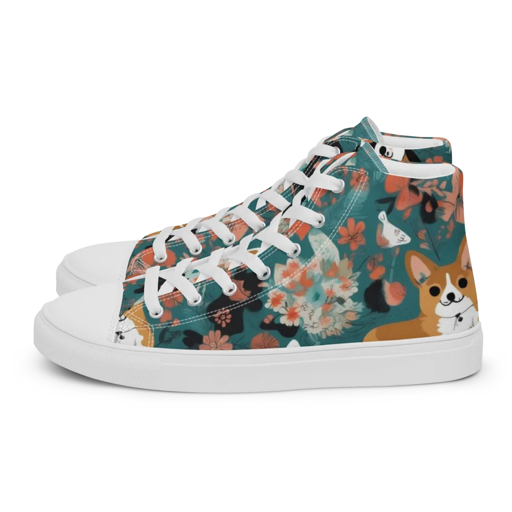 Floral Corgi Club on Men's High Top Canvas Shoes — Left