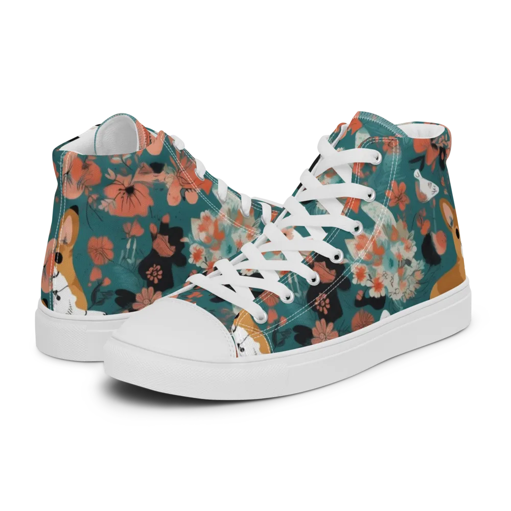 Floral Corgi Club on Men's High Top Canvas Shoes — Left