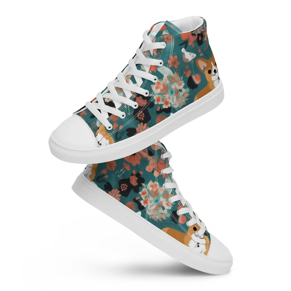 Floral Corgi Club on Men's High Top Canvas Shoes — Front