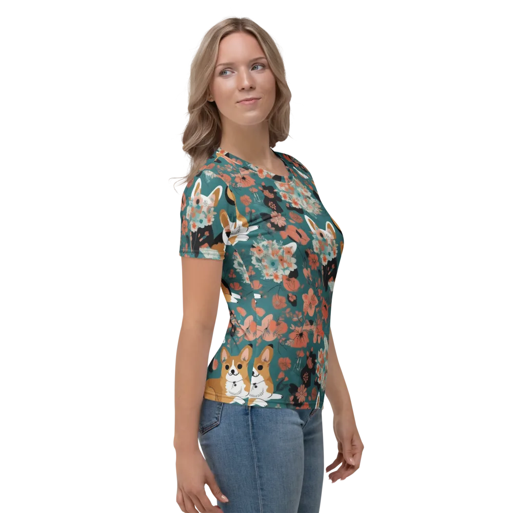 Floral Corgi Club on Women's Crew Neck T-Shirt — Right