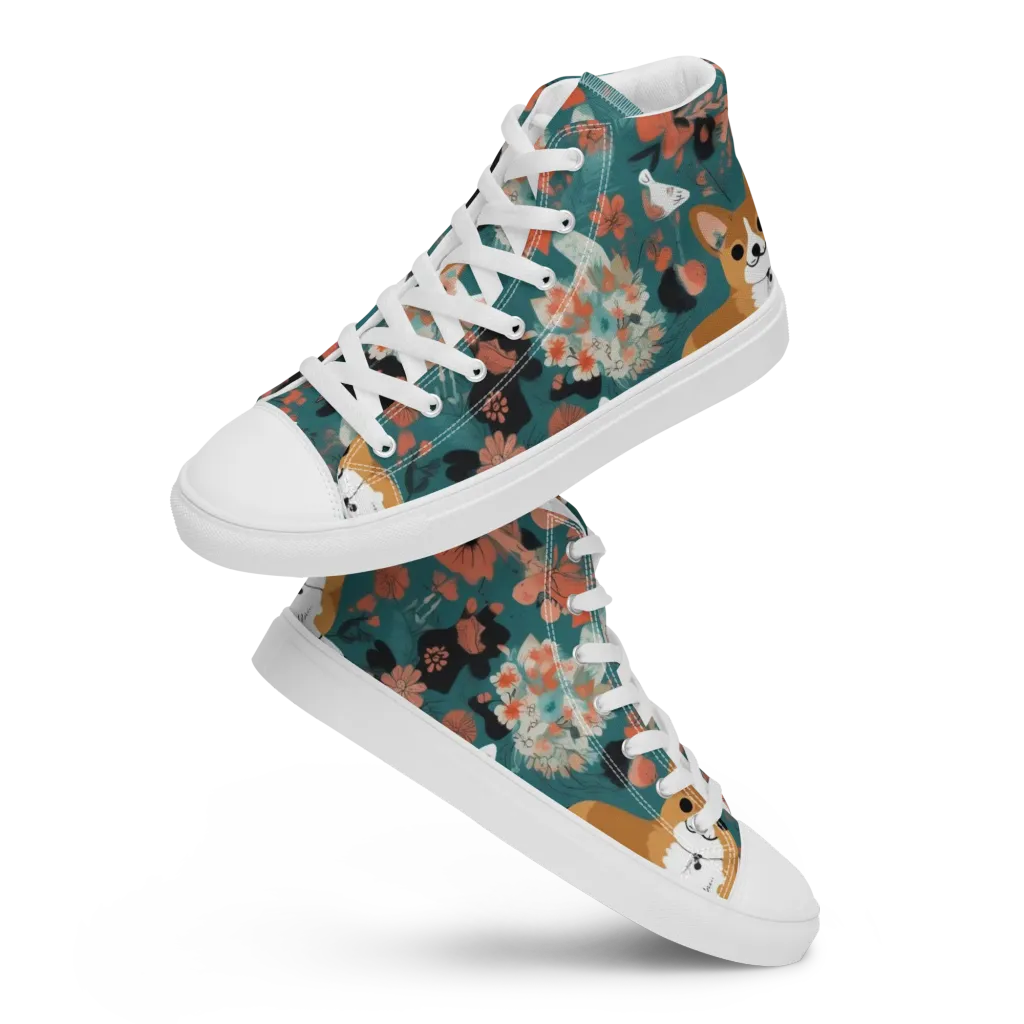 Floral Corgi Club on Women's High Top Canvas Shoes — Front