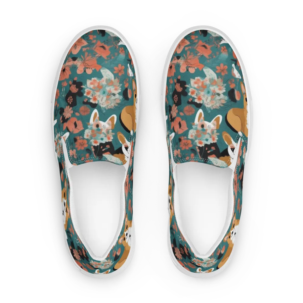 Floral Corgi Club on Men's Slip-On Canvas Shoes — Front