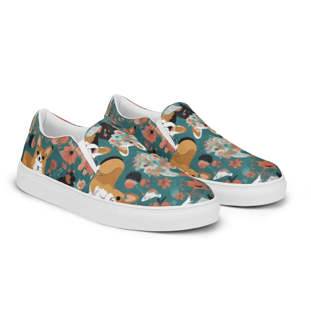 Floral Corgi Club on Men's Slip-On Canvas Shoes — Right Front