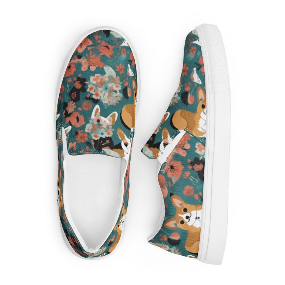 Floral Corgi Club on Men's Slip-On Canvas Shoes — Front